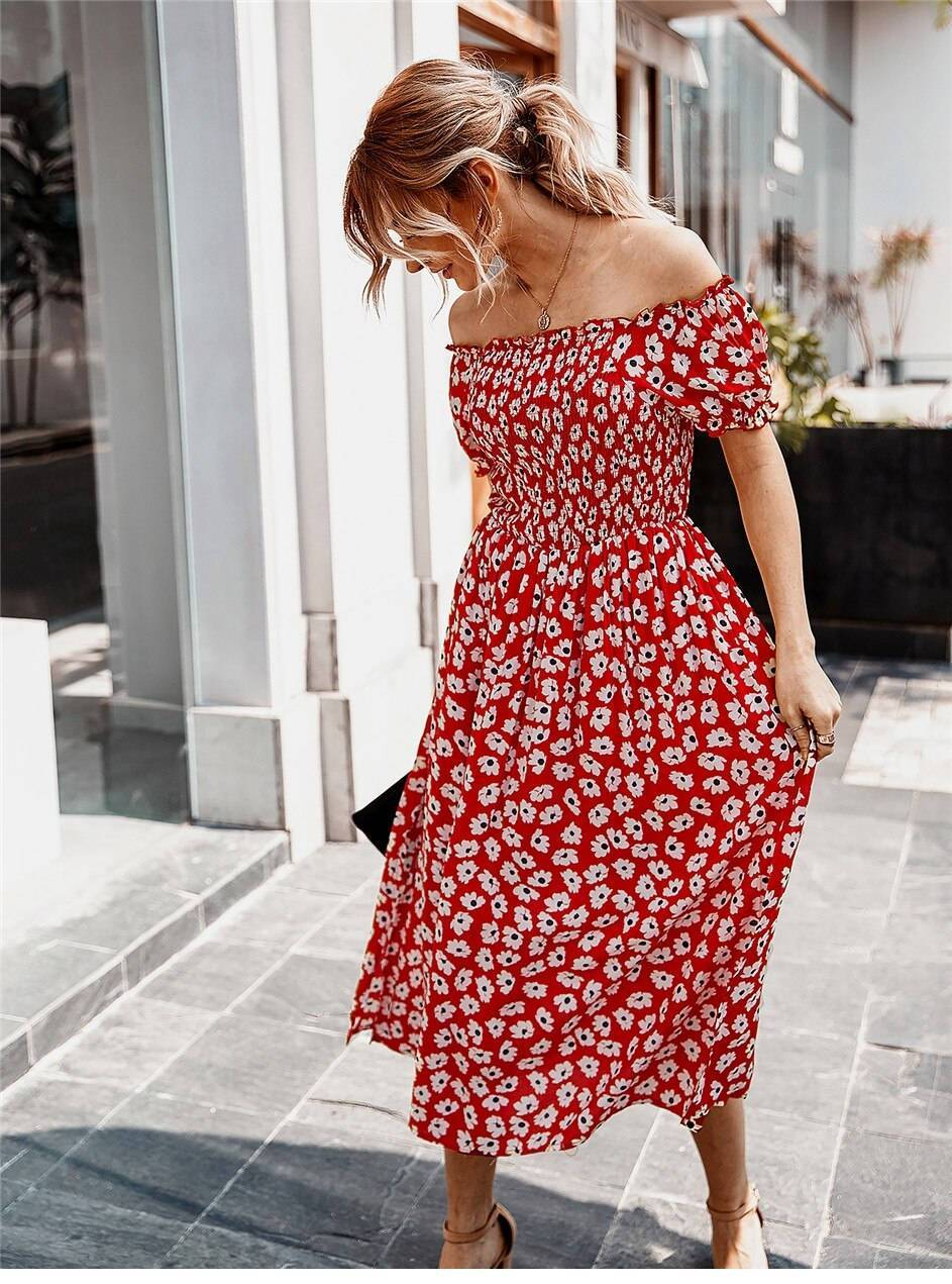 Red Boho Midi Dress with Flowers ...